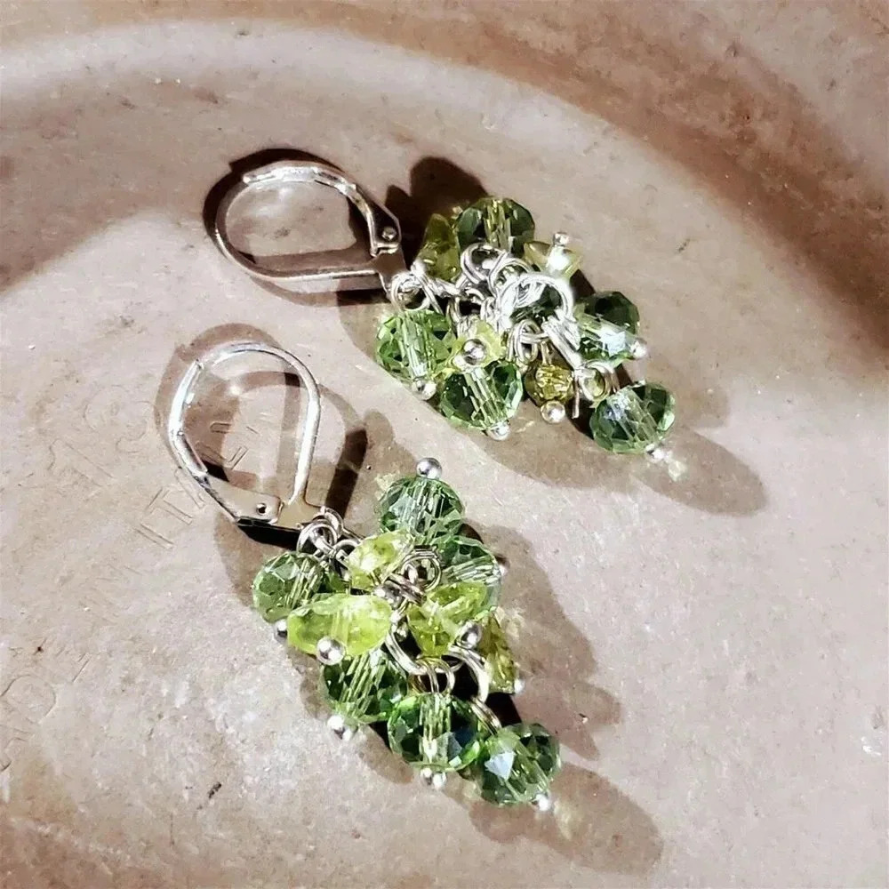 Handcrafted Natural Peridot Gemstone Czech Crystal Beads Silver Plated Earrings